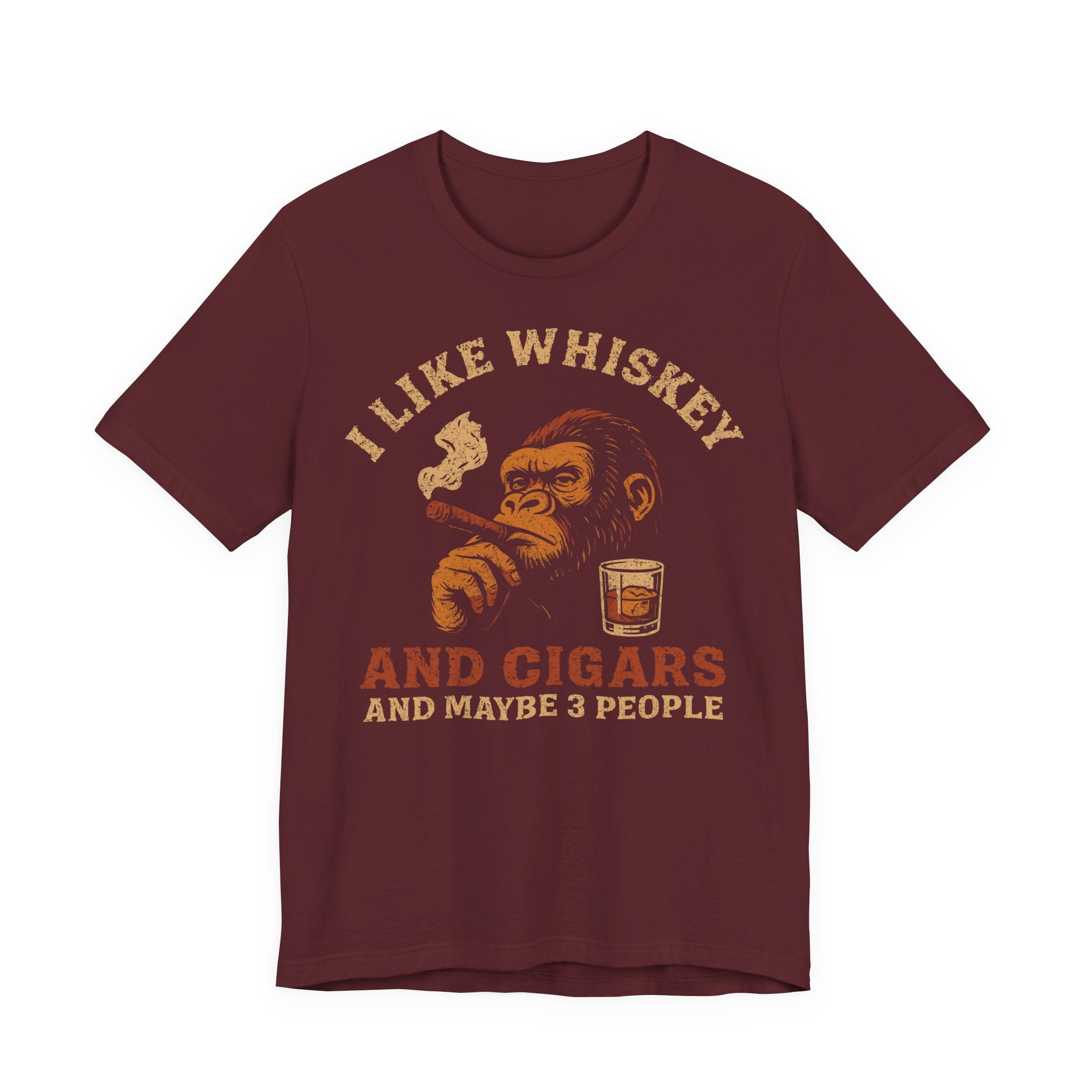 Unisex Jersey T-Shirt mit Rückenprint „I LIKE WHISKEY AND CIGARS AND MAYBE 3 PEOPLE“ – cooles Statement Shirt aus 100 % Baumwolle
